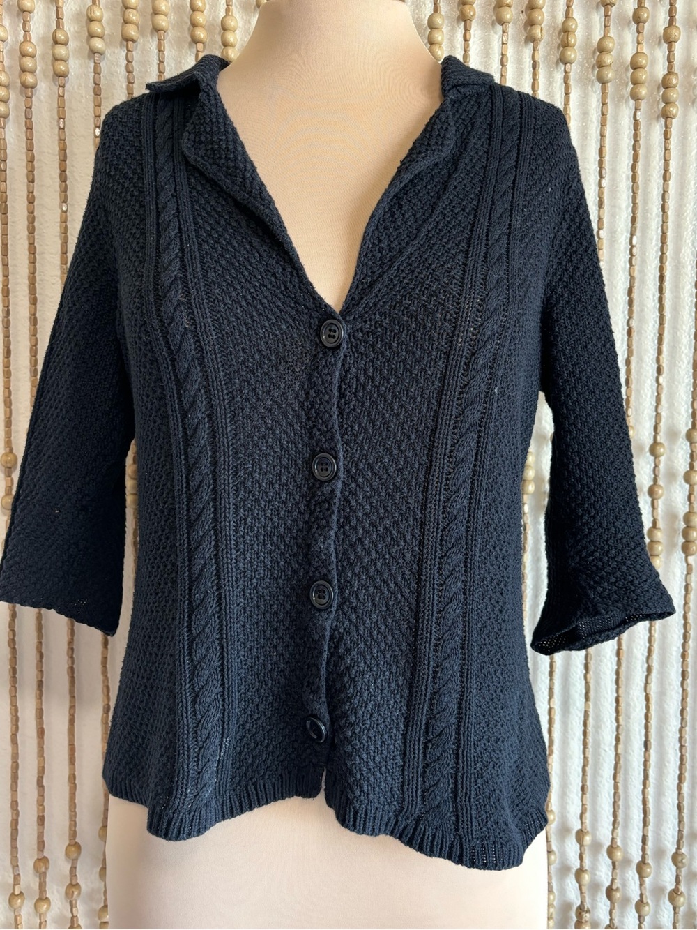 Heather B Black Vintage Y2K Knit Cotton Button Down V Neck Cardigan Sweater